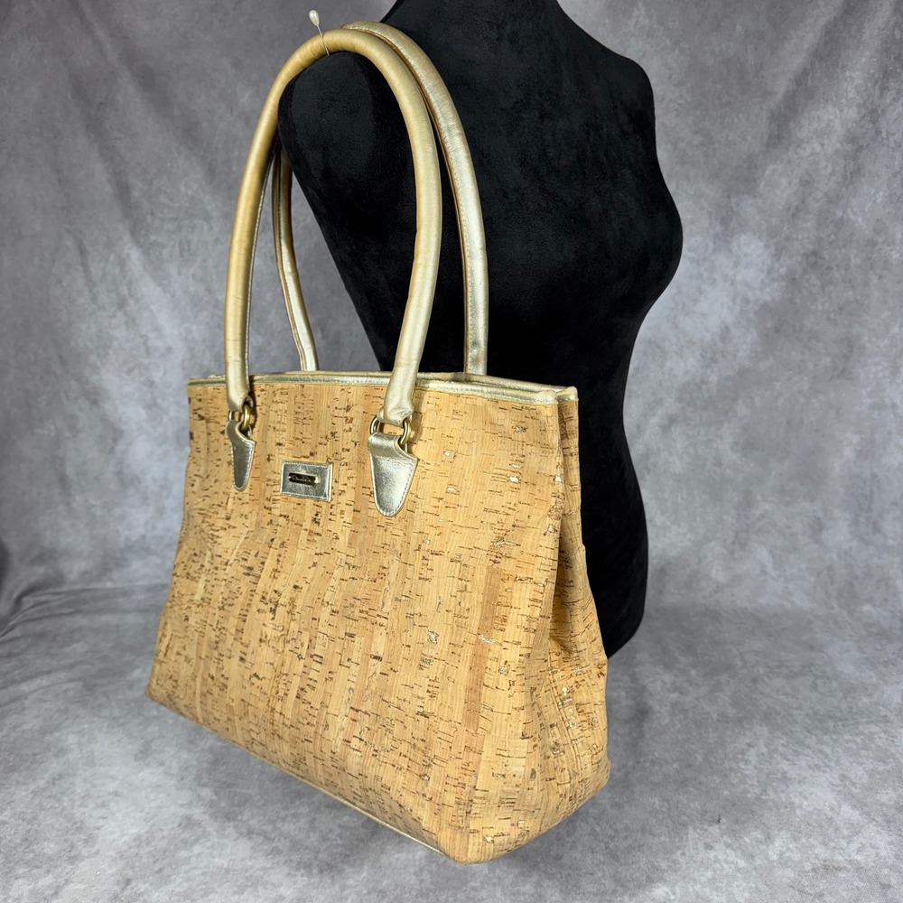 Vtg Oscar de la Renta Cork Metallic Gold Tote Bag Handbag Purse Shoulder Bag Y2K